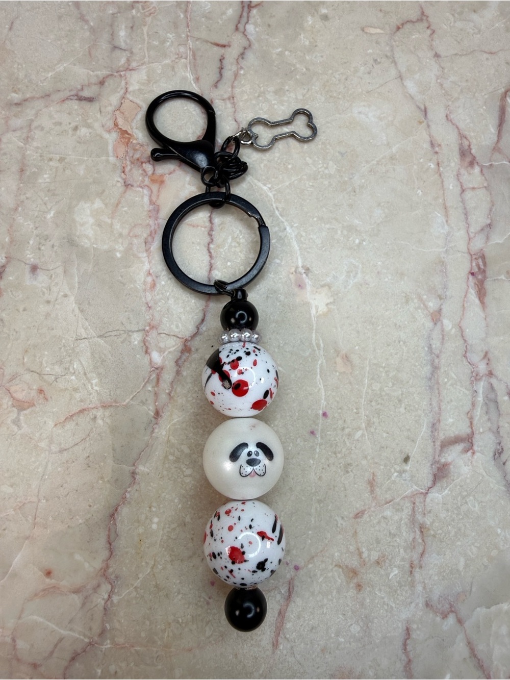 Beaded Dog Face Charm Keychain with Black Hardware - White & Red